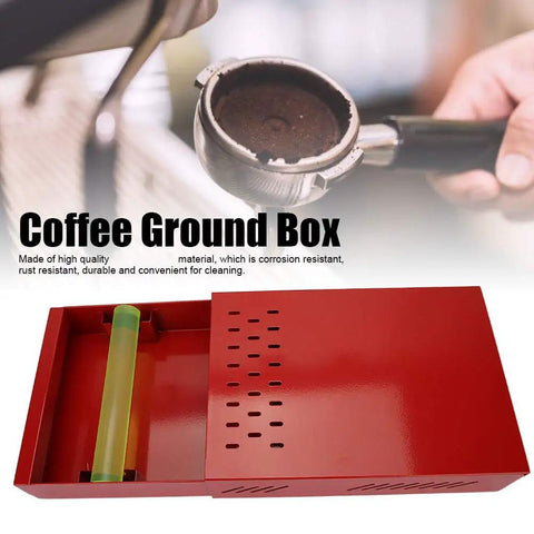 Premium Red Coffee Knock Box For Espresso Grounds With Cushioned Rubber Rod And Antislip Base, shown with detachable tray.