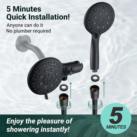 2-In-1 Shower Head Combo With Water Saving 1.8 GPM Rainfall And Handheld Spray, matte black installation illustration
