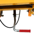 Close-up of handle and wheel of Heavy Duty 330Lbs Hydraulic Lift Table Cart With Four Locking Wheels For Material Handling And Transportation