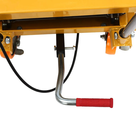 Close-up of handle and wheel of Heavy Duty 330Lbs Hydraulic Lift Table Cart With Four Locking Wheels For Material Handling And Transportation