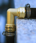 Solid Brass 90 Degree Hose Elbow Connector Set, 3/4 FHT To 3/4 MHT, Reduces Stress On RV Water Intake, No Leaks, Durable Rustproof Fittings, Includes 2 Brass Elbows And 2 Washers, Easy To Install. Brass elbow connected to RV hose