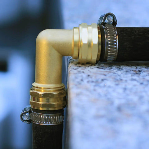 Solid Brass 90 Degree Hose Elbow Connector Set, 3/4 FHT To 3/4 MHT, Reduces Stress On RV Water Intake, No Leaks, Durable Rustproof Fittings, Includes 2 Brass Elbows And 2 Washers, Easy To Install. Brass elbow connected to RV hose