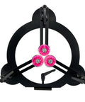 Three Point Woodturning Adjustable Steady Rest For A 12 Inch Lathe Swing with pink non-marring wheels, top view