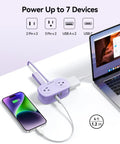 Travel Ready Cruise Approved Power Strip With Four Foot Extension Cord connected to a laptop and smartphone, compact and purple.