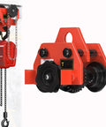 Heavy Duty Manual Chain Geared Trolley Built Dang Tough Steel I Beam Cart, showing adjustable width and chain drive.