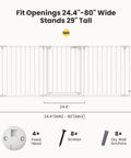 Deluxe Walk Through Pet Gate For Stairs And Doorways One Hand Operation Hardware Mounted Extra Wide Opening From 24.6 To 80 Inches 29 Inches Tall shown with dimensions and accessories
