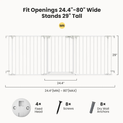Deluxe Walk Through Pet Gate For Stairs And Doorways One Hand Operation Hardware Mounted Extra Wide Opening From 24.6 To 80 Inches 29 Inches Tall shown with dimensions and accessories