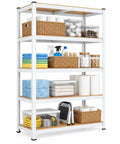 Rock Solid Five Tier Metal Garage Shelving Rack With Height Adjustable Boltless Steel Frame And Reinforced Mdf Shelves Built Tough Heavy Duty Storage Solution Up To 1929 Lbs Weight Limit In Crisp White with baskets and cleaning supplies.