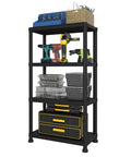 Rock Solid Plastic Storage Shelves 4 Tier Heavy Duty Shelving Unit With 264 LB Capacity holding tools and bins, size 52.6x23.6x11.8 in.