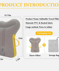 Inflatable Travel Pillow For Airplane With Ergonomic Hug Design And Built In Push Button Pump 360 Neck And Chin Support shown with dimensions and packaging list.