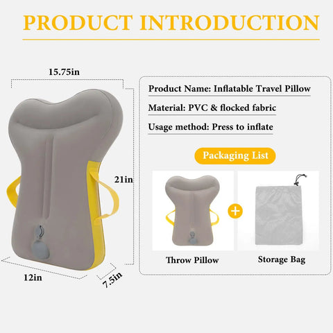Inflatable Travel Pillow For Airplane With Ergonomic Hug Design And Built In Push Button Pump 360 Neck And Chin Support shown with dimensions and packaging list.