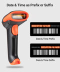Wireless Barcode Scanner 1D 2D QR With Stand 3 In 1 Bluetooth 2.4G USB Wired Handheld Barcode Reader With Real Time Battery Level Indicator And Vibration Alert Orange, featuring display of date and time prefix or suffix scanning options.