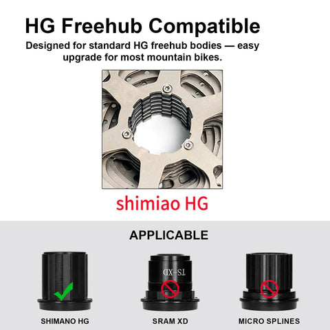 Lightweight 8 9 10 Speed Bike Cassette compatible with HG freehubs, showing Shimano HG compatibility, fits MTB and road bikes