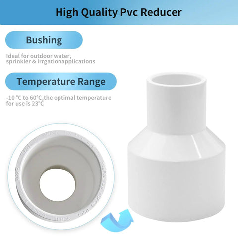 LESSO 10PCS PVC Pipe Fittings, 1-1/2" to 3/4" PVC Reducing Coupling, white SCH40 pipe fitting with bushing and temperature info