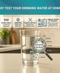 Glass of water with magnifying glass highlighting drinking water test kit for 21 indicators including lead, bacteria, and chlorine.