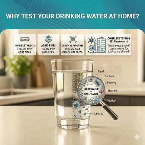 Glass of water with magnifying glass highlighting drinking water test kit for 21 indicators including lead, bacteria, and chlorine.
