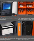 Slick Heavy Duty Tool Computer Cabinet Cart With Double Metal Drawers Rolling Workshop Rig Featuring Secured Monitor Window For Large Screens Up To 27 Inches, showing enclosed monitor space and double drawers.
