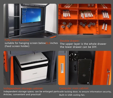 Slick Heavy Duty Tool Computer Cabinet Cart With Double Metal Drawers Rolling Workshop Rig Featuring Secured Monitor Window For Large Screens Up To 27 Inches, showing enclosed monitor space and double drawers.