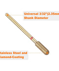 Single grinding bit from Ten Piece 200 To 230 Grit Diamond Grinding Bits Set With Four Millimeter Cylindrical Ball Head And Two Point Three Five Millimeter Shank For Rotary Tools Nails Grinding And Polishing Titanium Plated Stone Sanding Bits.