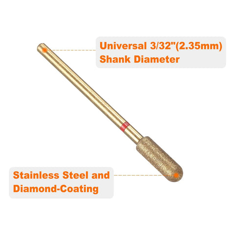 Single grinding bit from Ten Piece 200 To 230 Grit Diamond Grinding Bits Set With Four Millimeter Cylindrical Ball Head And Two Point Three Five Millimeter Shank For Rotary Tools Nails Grinding And Polishing Titanium Plated Stone Sanding Bits.