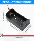 Built Tough D Cell Battery Holder 2 Pack 1.5V External Power Case dimensions with copper contacts and wire leads.