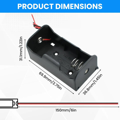 Built Tough D Cell Battery Holder 2 Pack 1.5V External Power Case dimensions with copper contacts and wire leads.