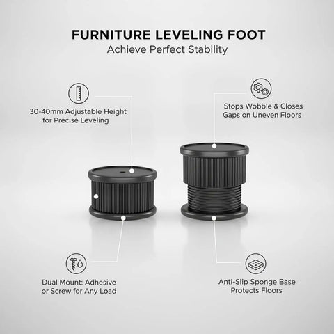 Sturdy Leveling Feet For Cabinets And Appliances With Sponge Pad Base And Adjustable Height, Heavy Duty PP Plastic Foot For Uneven Floors, Adhesive Or Screw Mount, Reduces Wobble And Noise, 4 Pack shown in close-up with features.