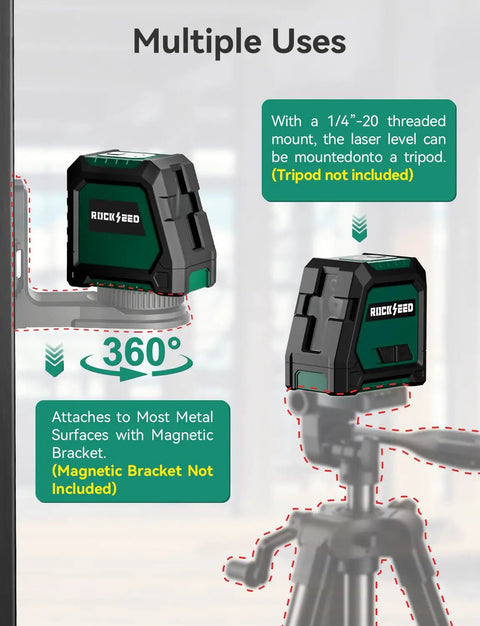 Dual Module Green Laser Level With Self Leveling, 150 Degree Vertical And 130 Degree Horizontal Coverage, Bright Green Beam, Includes 2 AA Batteries And Carrying Bag, Ideal For DIY Reno Renovations, Home Improvement, And Construction Sites, mounted on tripod