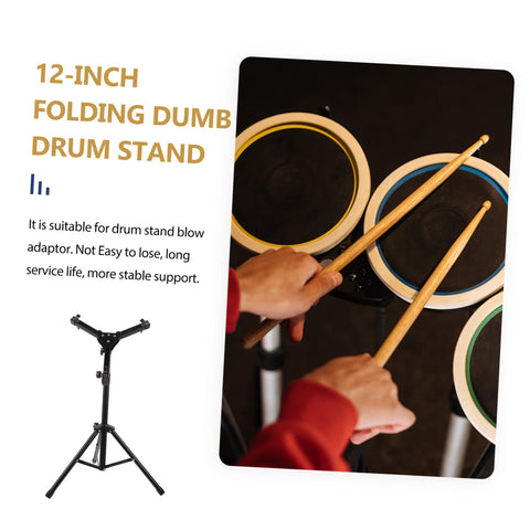 12-inch folding dumb drum stand with hands holding drumsticks, stable support for steady drumming sessions.