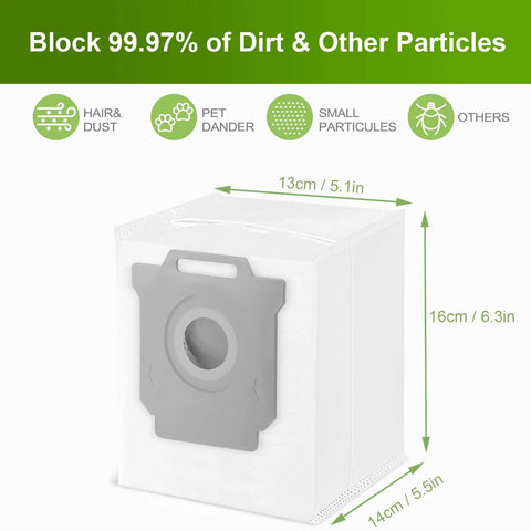 12 Pack Replacement Vacuum Bags For Roomba I Series J And S Series Models Compatible, shown with dimensions and features list