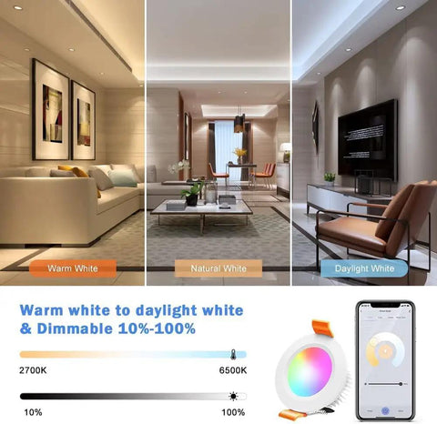 Smart 2 Inch Recessed LED Downlight Kit That Slaps 5W 120V Dimmable RGB CW Color Changing 2700K To 6500K lighting in room setting