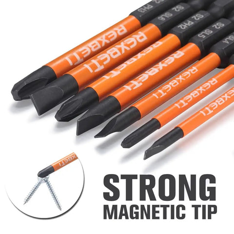 12 Piece Slotted And Phillips Screwdriver Bit Set With Magnetic One Quarter Inch Hex Shank S2 Steel Three Inch Long Drill Bits Includes PH1 PH2 PH3 And Slotted Sizes 3mm 4mm 5mm 6mm For Heavy Duty Gigs DIY Projects And Industrial Use showing strong magnetic tips engaging screws.