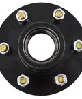 Front view of JADODE 6-bolt trailer hub kit with 5.5-in bolt pattern, black finish, six lug nuts around central bore.