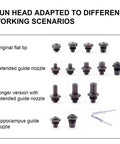 Gun head attachments showing variations for Cordless Pop Rivet Gun Powered By A Quiet Brushless Motor And Rock Solid Lithium Battery.