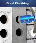 Vacuum-brazed diamond hole saw, 1-1/2 in, blue aluminum body with 5/8-11 thread installed on drill for tile drilling