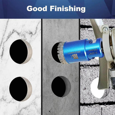 Vacuum-brazed diamond hole saw, 1-1/2 in, blue aluminum body with 5/8-11 thread installed on drill for tile drilling
