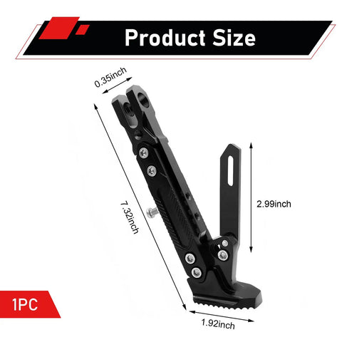 Adjustable Aluminum Triangle Motorcycle Kickstand, Heavy Duty Side Stand shown with dimensions, black aluminum alloy
