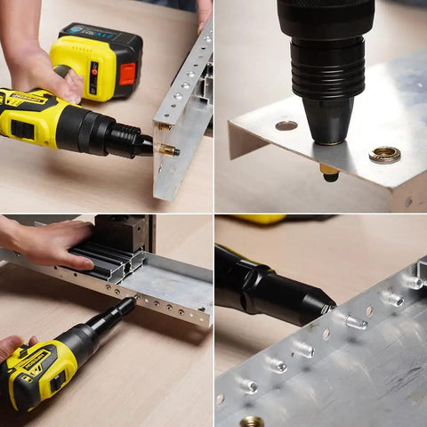 Hifeson 21V Cordless Electric Rivet Gun And Rivet Nut Tool Professional Kit With Batteries And Charger For Auto Body Work Fastener Repair 3/16 Inch To 3/8 Inch Automatic Setting in use on metal