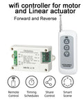 WiFi motor controller module with green terminal block and a white three-button remote