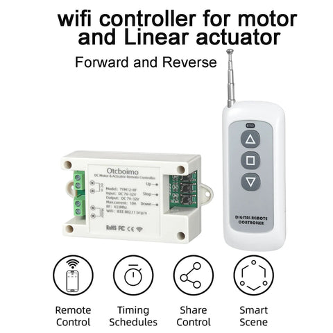 WiFi motor controller module with green terminal block and a white three-button remote