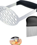 Stainless steel potato masher with integrated crinkle cutter and black handle