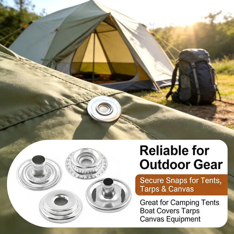 Top Shelf Stainless Steel Snap Fastener Kit Includes Two Hundred Pieces For Leather Heavy Canvas And Garment Repair Built Solid As A Rock With Zero Rust Headaches Everyday, showcasing snapped fabric with a tent in background.