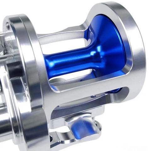 Close-up of Heavy Duty Boat Fishing Reel For Sea Trolling And Drum Trolling, Corrosion Resistant CNC Aluminum Alloy Wire Cup.