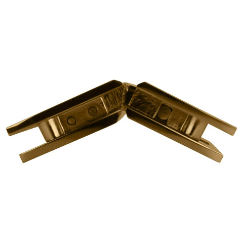 Gold Plated 135 Degree Glass To Glass Hinges With Self Centering Reversible Pivot Pin connecting glass panels.