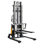 KAIXUN Semi Electric Pallet Stacker 2200Lbs Capacity 118Inch Lift Height adjustable straddle legs with ergonomic design and steel frame.
