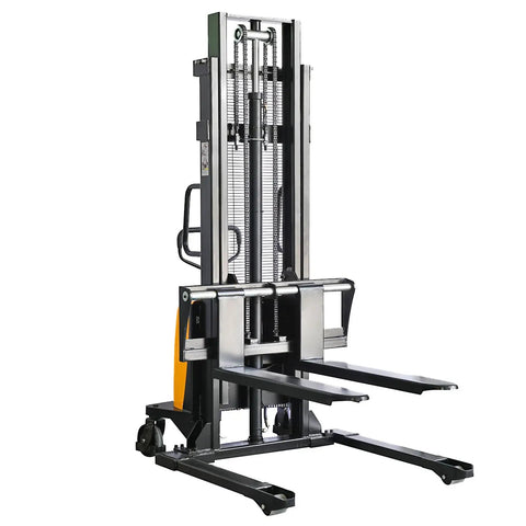 KAIXUN Semi Electric Pallet Stacker 2200Lbs Capacity 118Inch Lift Height adjustable straddle legs with ergonomic design and steel frame.