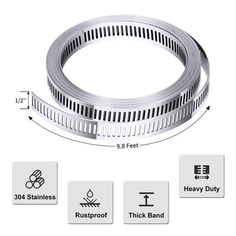 DIY Hose Clamp System Kit With 9.8 Ft Band And Six Fasteners, stainless steel band with specifications icons