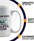 15oz White Sailor Coffee Mug For Boaters And Captains with wave illustration and text, durable ceramic with C handle design