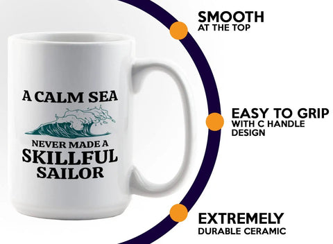 15oz White Sailor Coffee Mug For Boaters And Captains with wave illustration and text, durable ceramic with C handle design