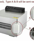 Close-up of six layer stainless steel food dehydrator with safety lock types A and B shown on the side, highlighting functionality.